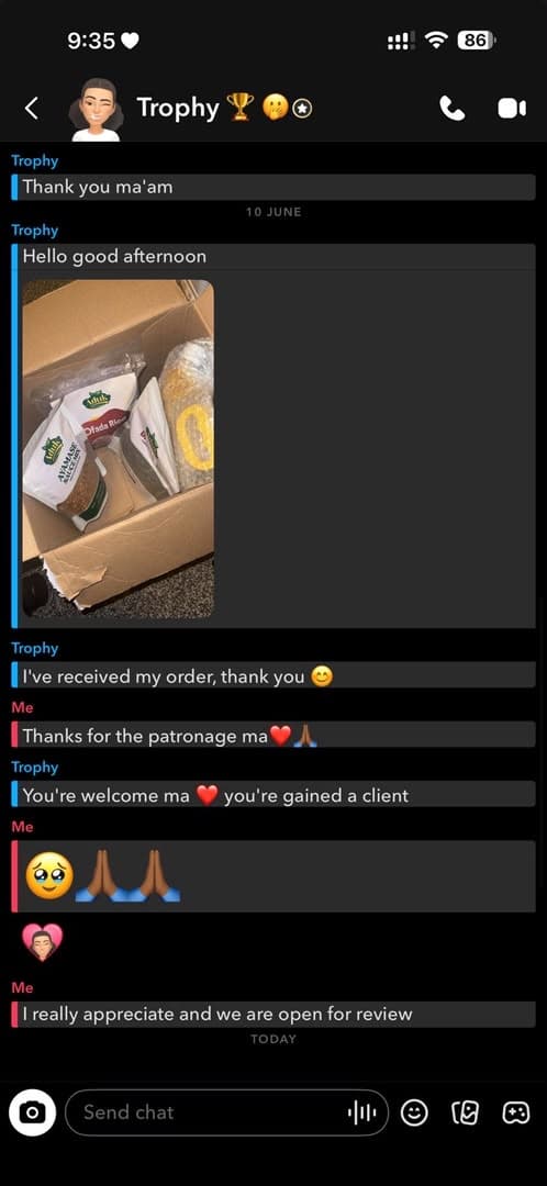 Message from Trophy: I've received my order, thank you 😊